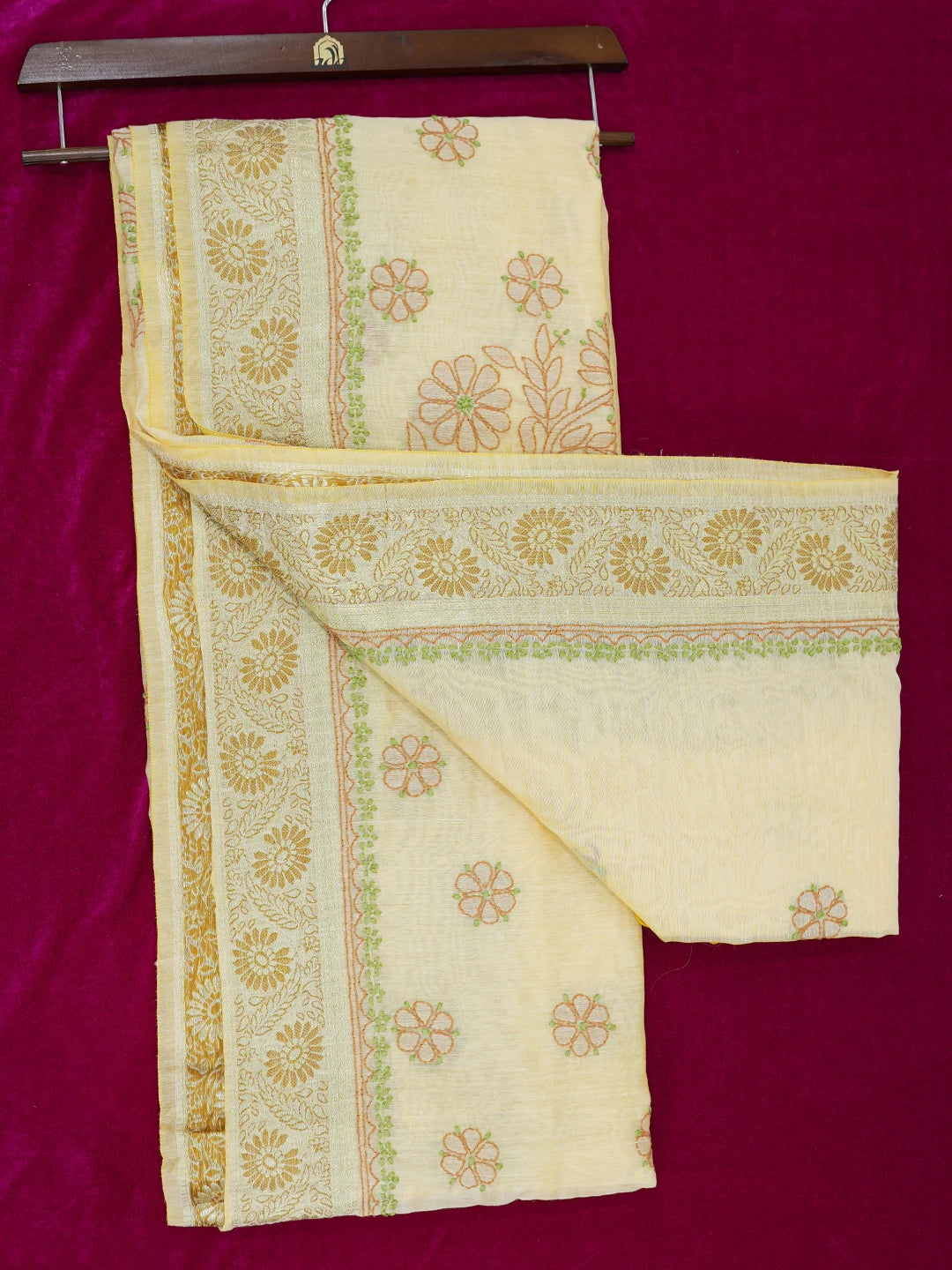 Ada Hand Embroidered Beige Chanderi Lucknowi Chikankari Saree and Blouse 01A624154