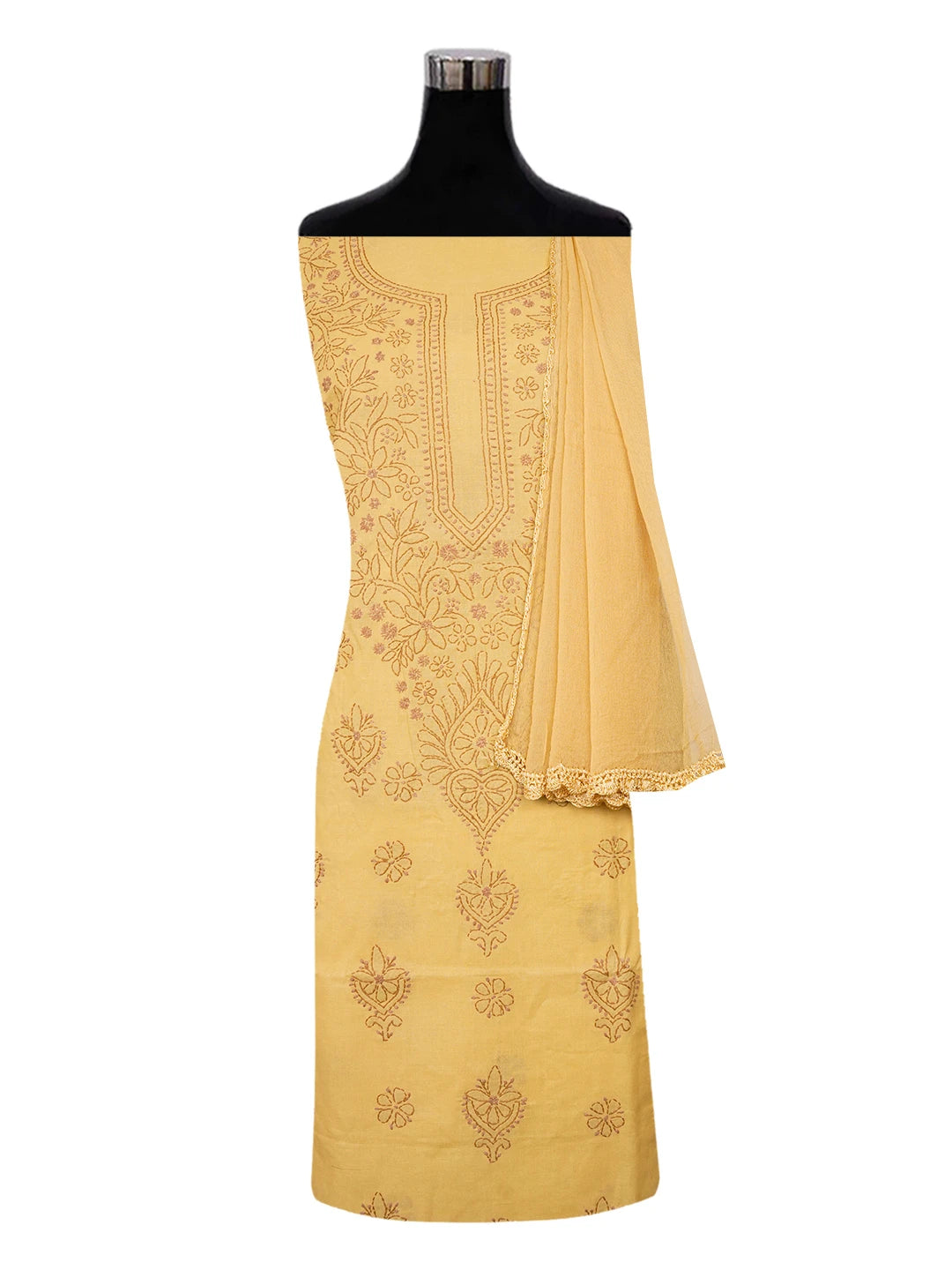 Ada Hand Embroidered Fawn Cotton Lucknowi Chikankari Unstitched Suit Piece A211337