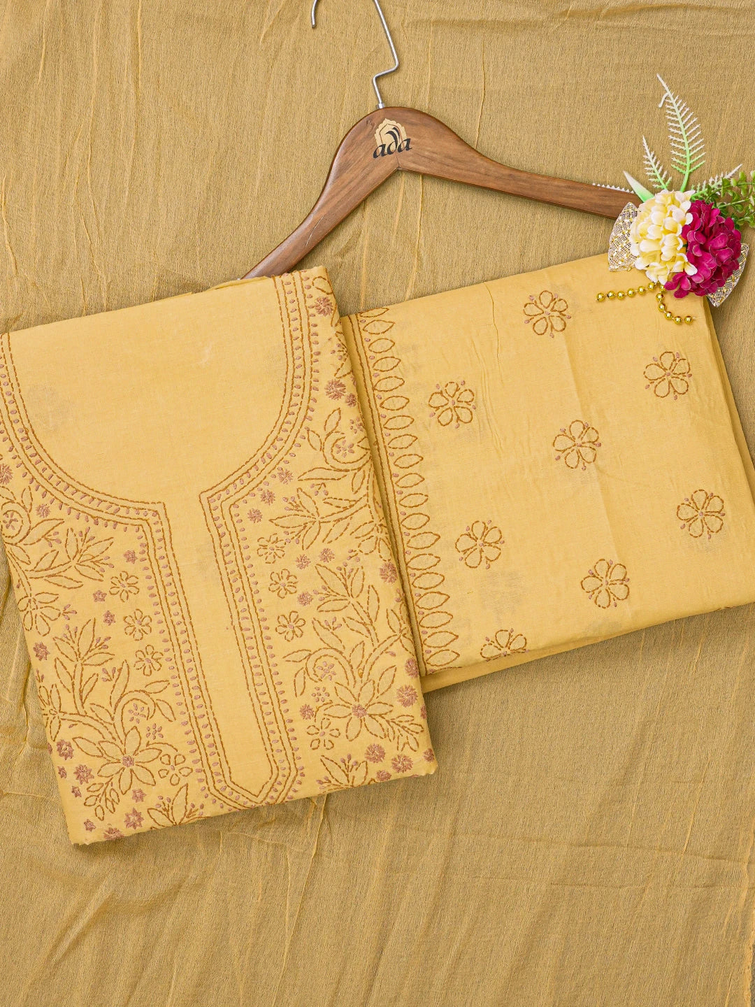 Ada Hand Embroidered Fawn Cotton Lucknowi Chikankari Unstitched Suit Piece A211337