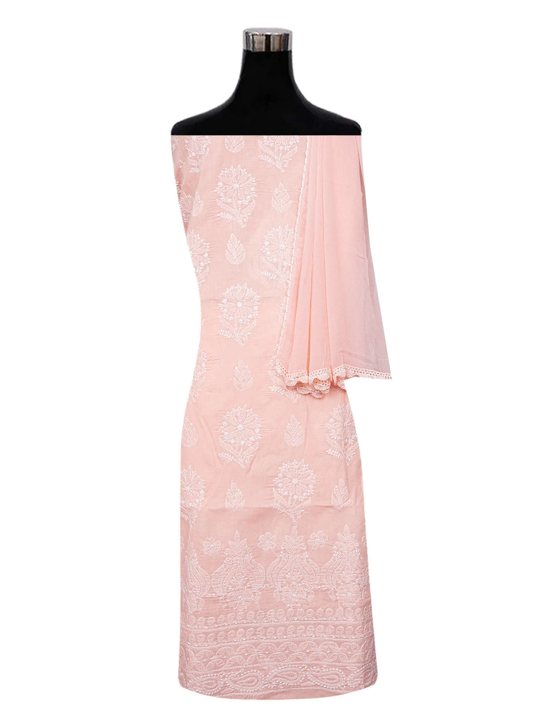 Ada Hand Embroidered Creamy Peach Cotton Lucknowi Chikankari Unstitched Suit Piece A211334
