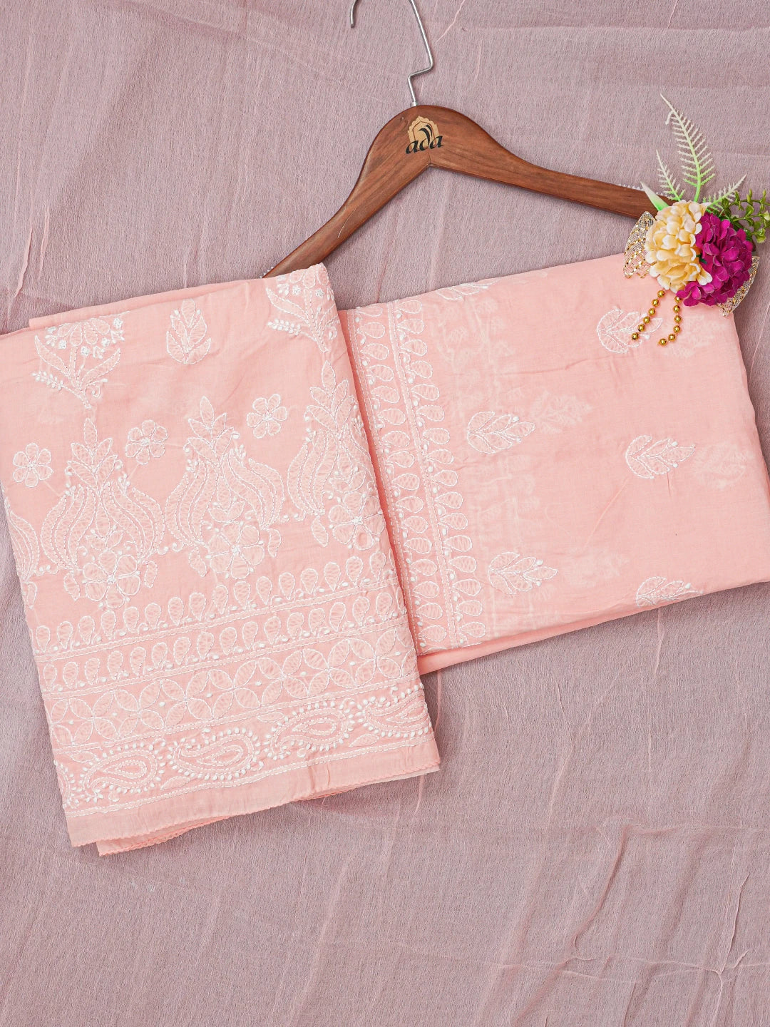Ada Hand Embroidered Creamy Peach Cotton Lucknowi Chikankari Unstitched Suit Piece A211334