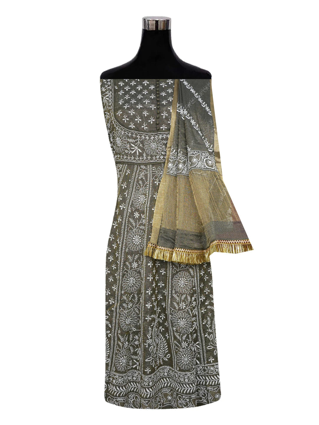 Ada Hand Embroidered Reseda Green Tissue Lucknowi Chikankari Semi-Stitched Kurta Dupatta Set 01A633272