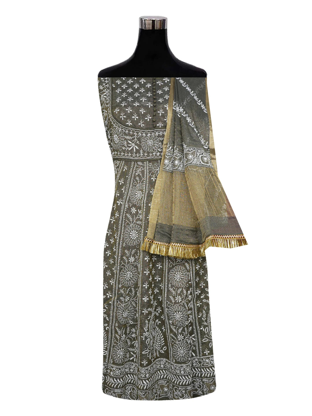 Ada Hand Embroidered Reseda Green Tissue Lucknowi Chikankari Semi-Stitched Kurta Dupatta Set 01A633272