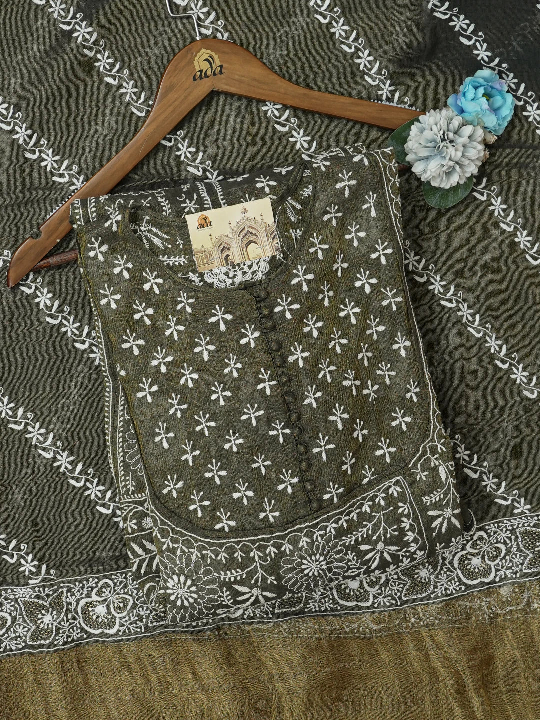 Ada Hand Embroidered Reseda Green Tissue Lucknowi Chikankari Semi-Stitched Kurta Dupatta Set 01A633272