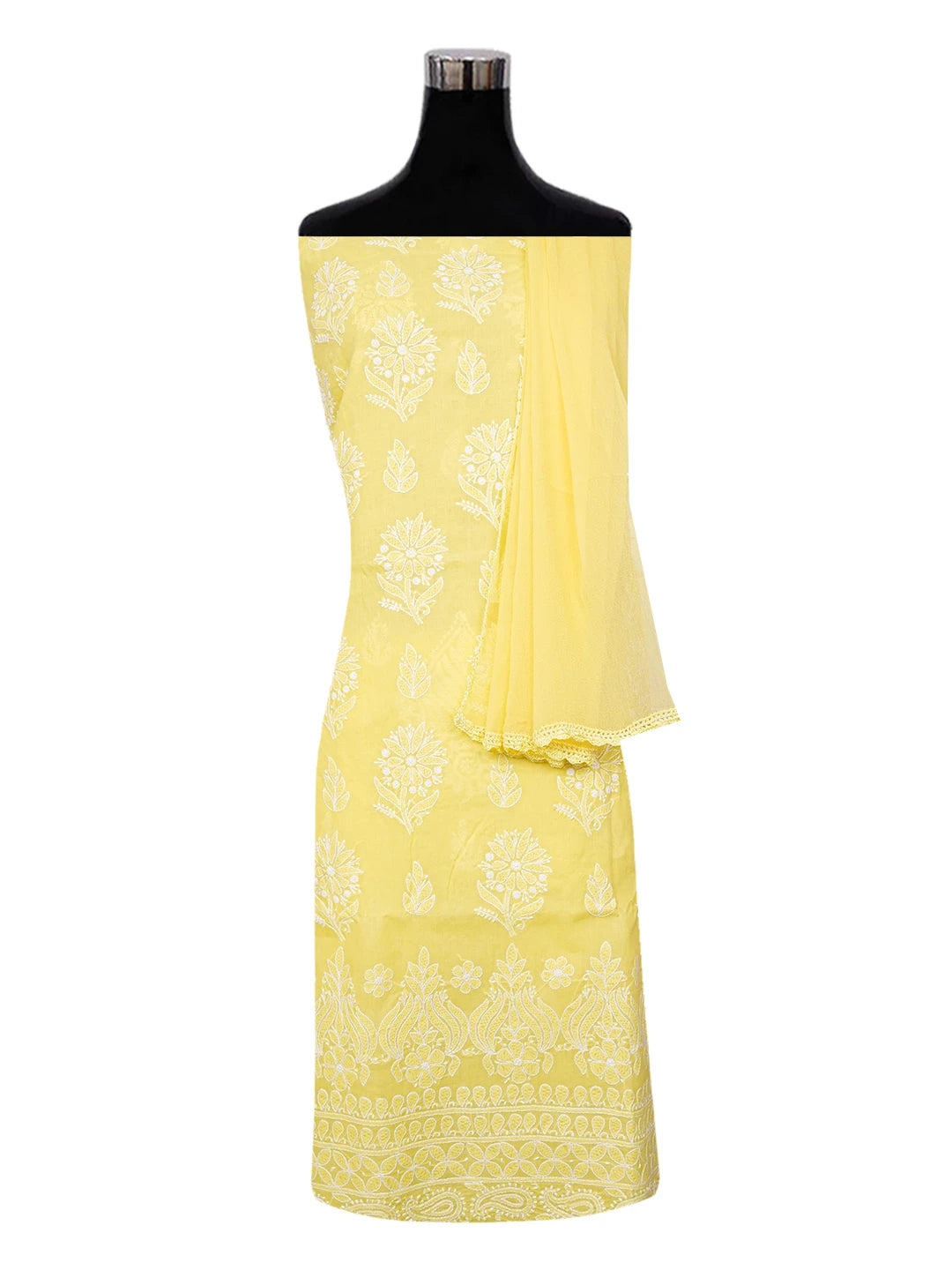 Ada Hand Embroidered Yellow Cotton Lucknowi Chikankari Unstitched Suit Piece A211332
