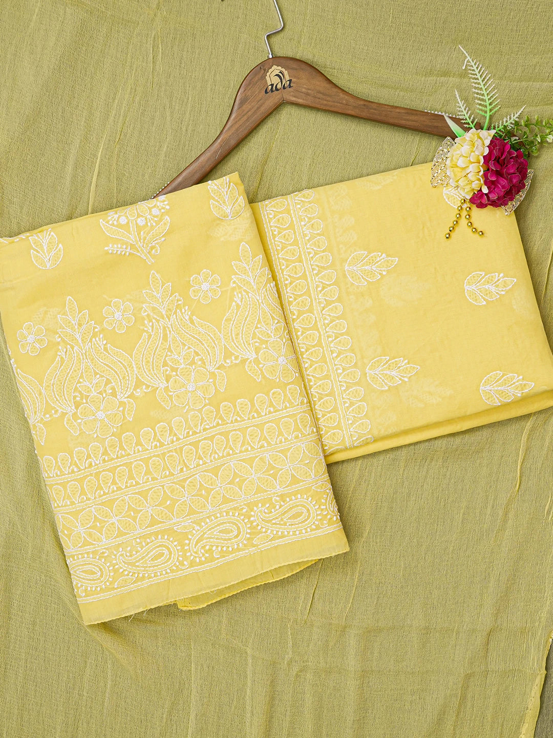 Ada Hand Embroidered Yellow Cotton Lucknowi Chikankari Unstitched Suit Piece A211332