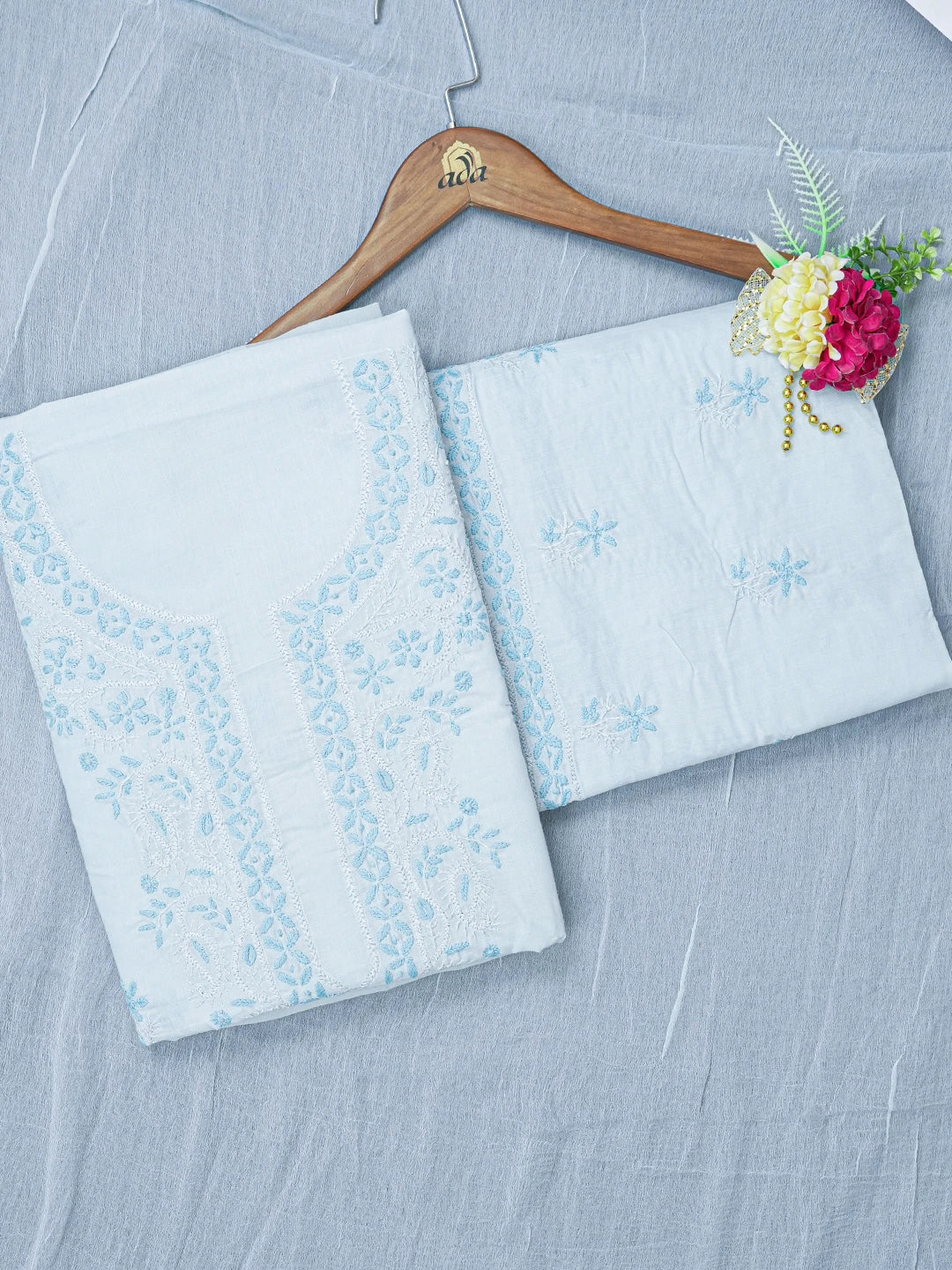 Ada Hand Embroidered Sky Blue Cotton Lucknowi Chikankari Unstitched Suit Piece A211341