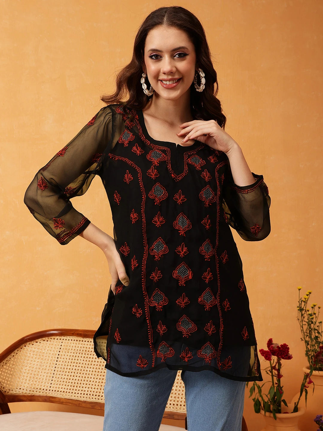 Ada Hand Embroidered Black & Rust Georgette Lucknowi Chikankari Short Kurti With Slip A911416