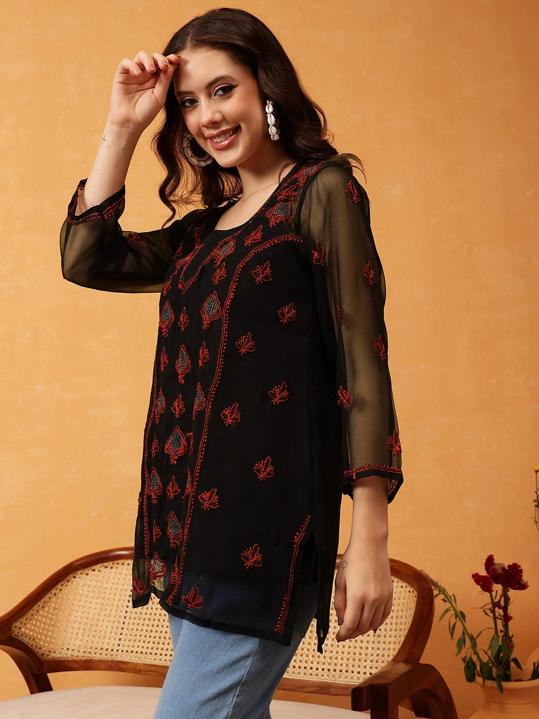Ada Hand Embroidered Black & Rust Georgette Lucknowi Chikankari Short Kurti With Slip A911416