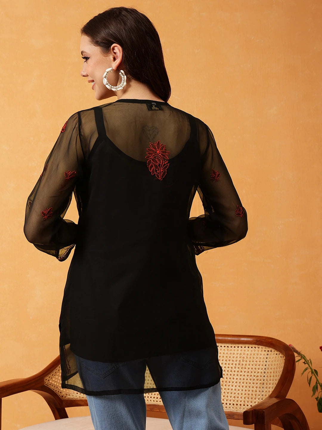 Ada Hand Embroidered Black & Rust Georgette Lucknowi Chikankari Short Kurti With Slip A911416