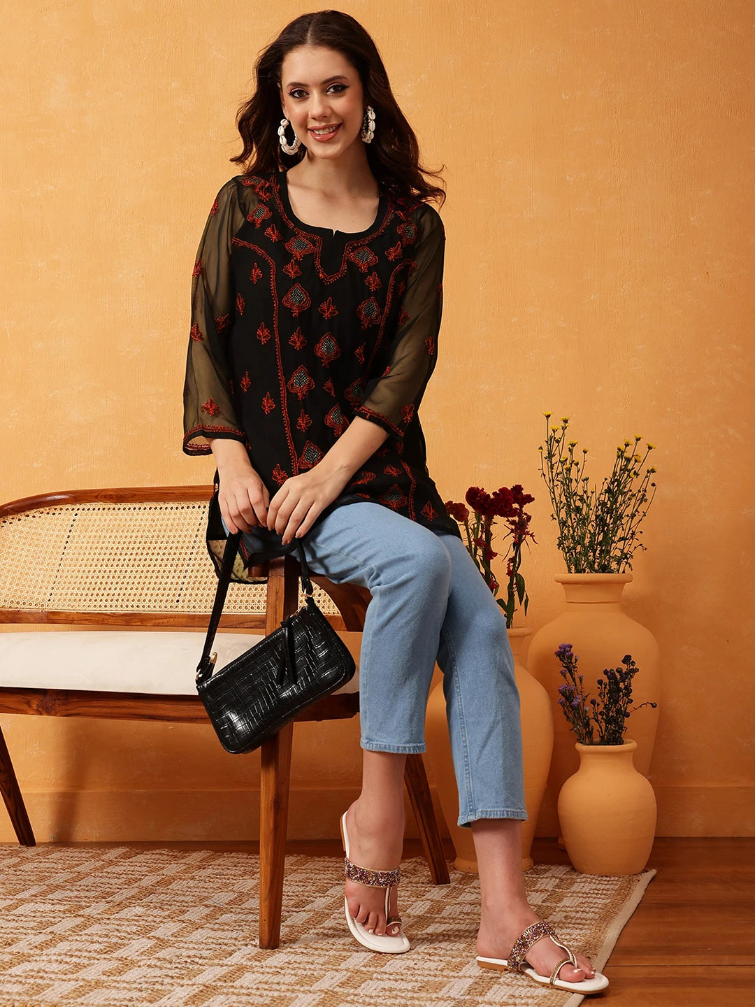 Ada Hand Embroidered Black & Rust Georgette Lucknowi Chikankari Short Kurti With Slip A911416