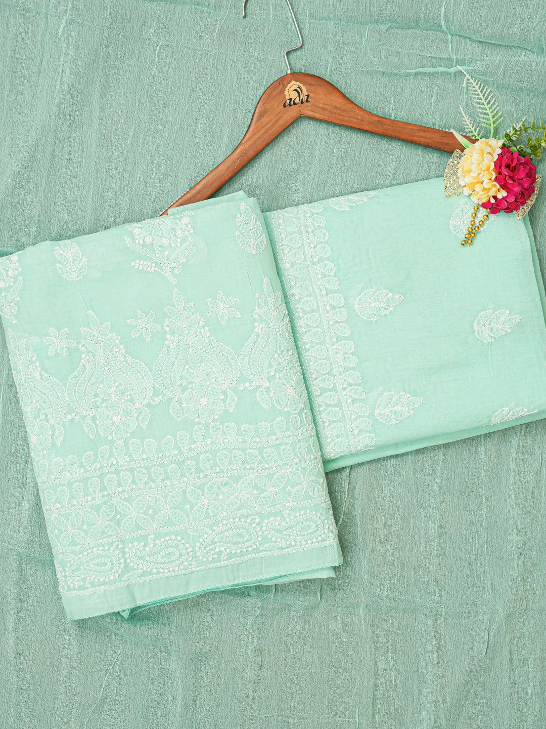 Ada Hand Embroidered Sea Green Cotton Lucknowi Chikankari Unstitched Suit Piece A211333