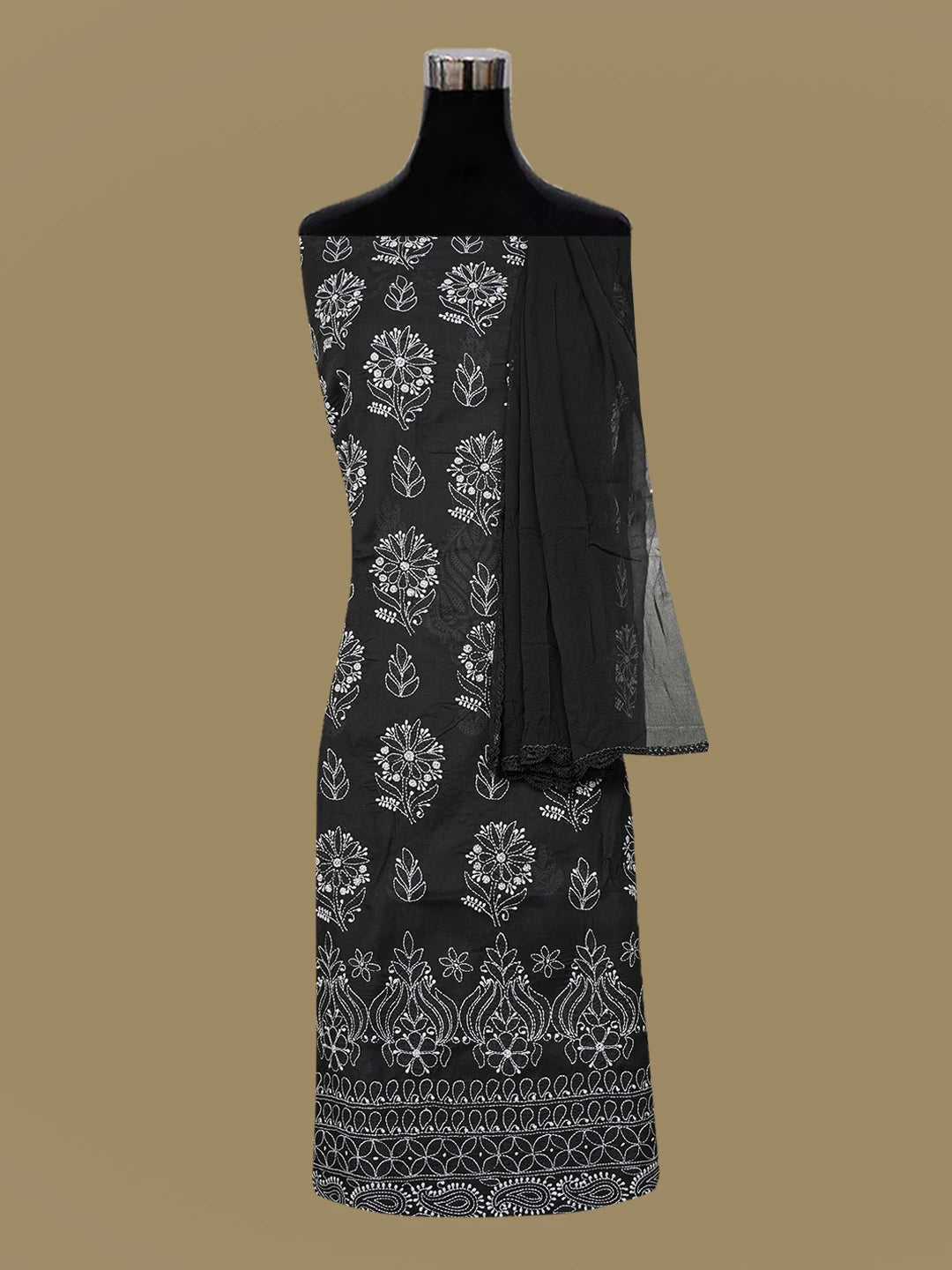 Ada Hand Embroidered Black Cotton Lucknowi Chikankari Unstitched Suit Piece A211330