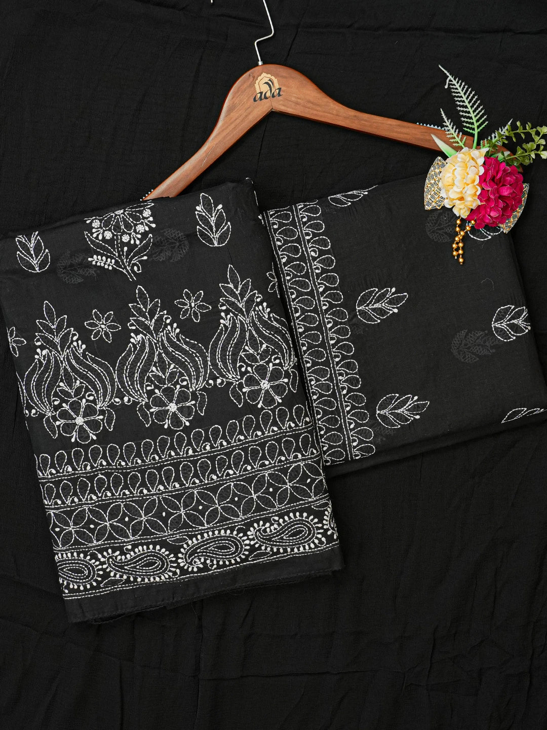 Ada Hand Embroidered Black Cotton Lucknowi Chikankari Unstitched Suit Piece A211330