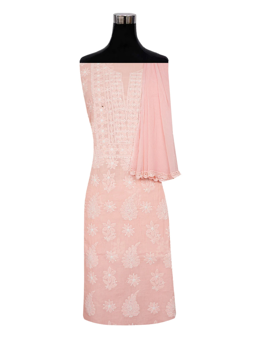 Ada Hand Embroidered Blushing Peach Cotton Lucknowi Chikankari Unstitched Suit Piece A211329