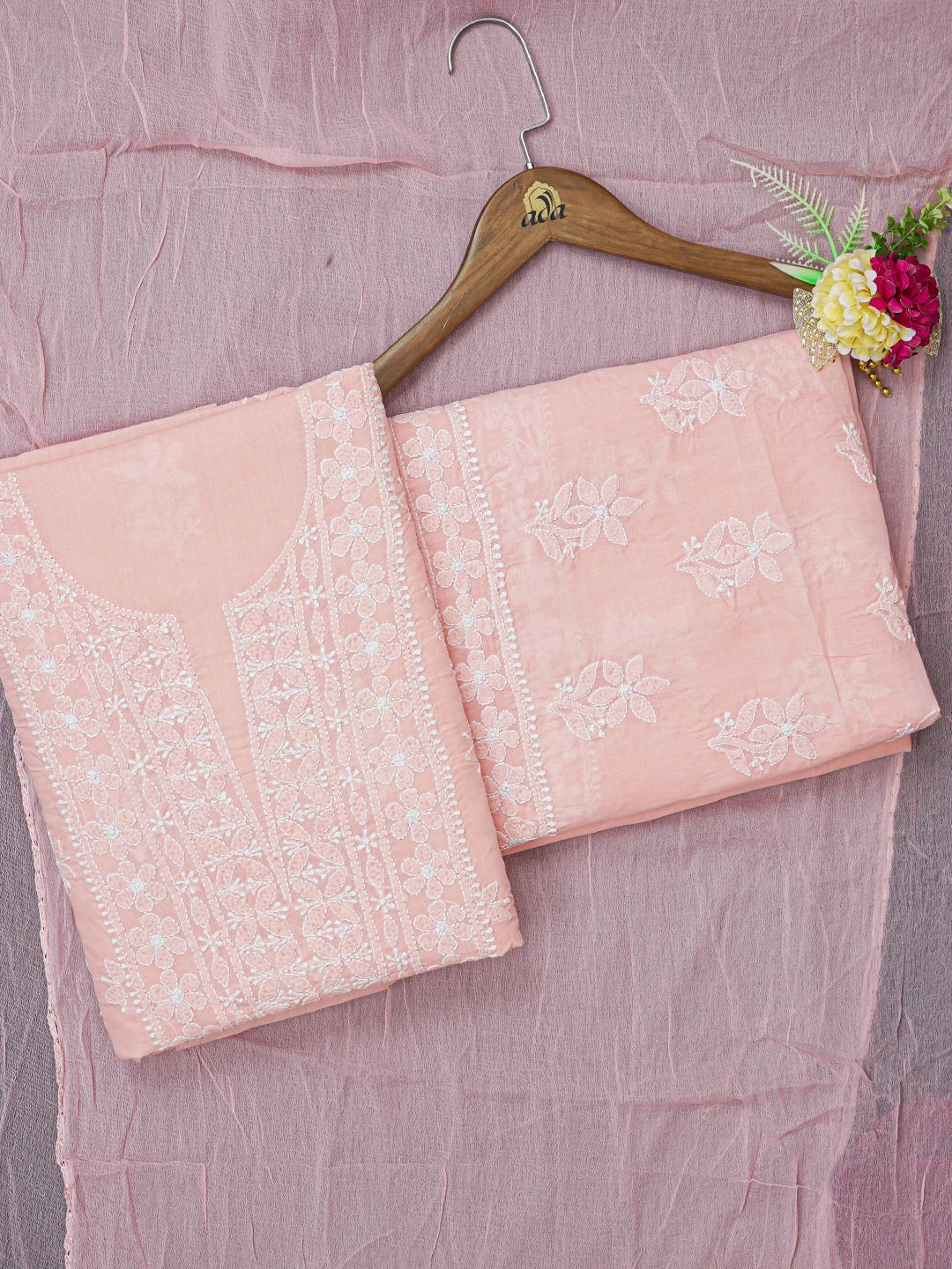 Ada Hand Embroidered Blushing Peach Cotton Lucknowi Chikankari Unstitched Suit Piece A211329