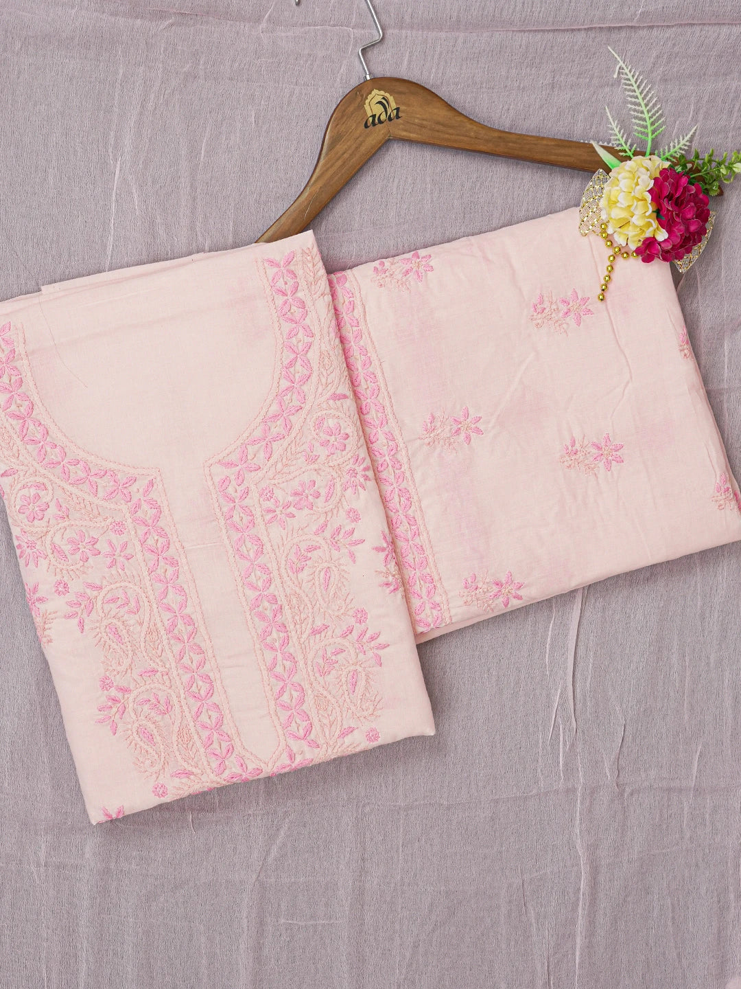 Ada Hand Embroidered Pastel Pink Cotton Lucknowi Chikankari Unstitched Suit Piece A211339