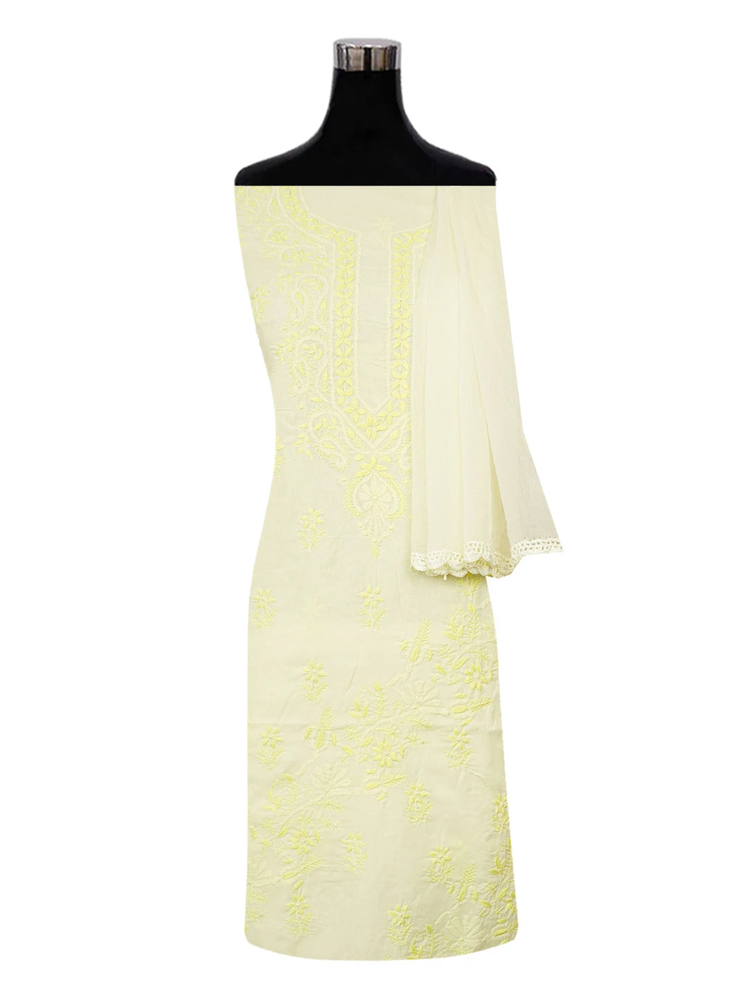 Ada Hand Embroidered Lemon Cotton Lucknowi Chikankari Unstitched Suit Piece A211340