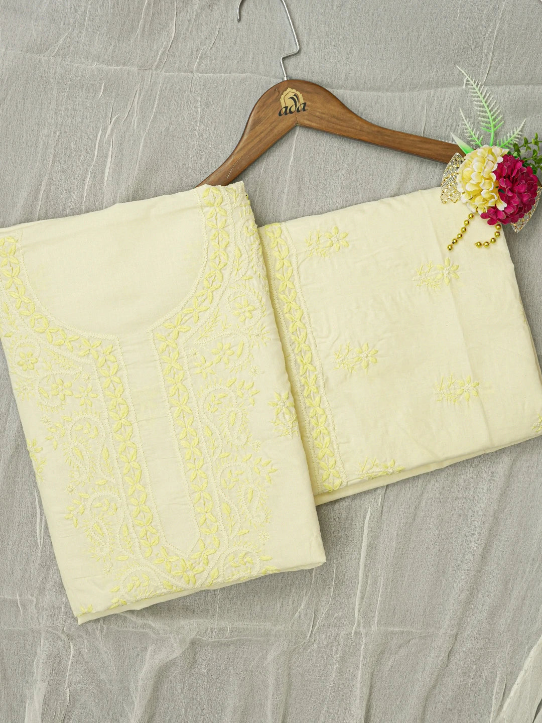 Ada Hand Embroidered Lemon Cotton Lucknowi Chikankari Unstitched Suit Piece A211340