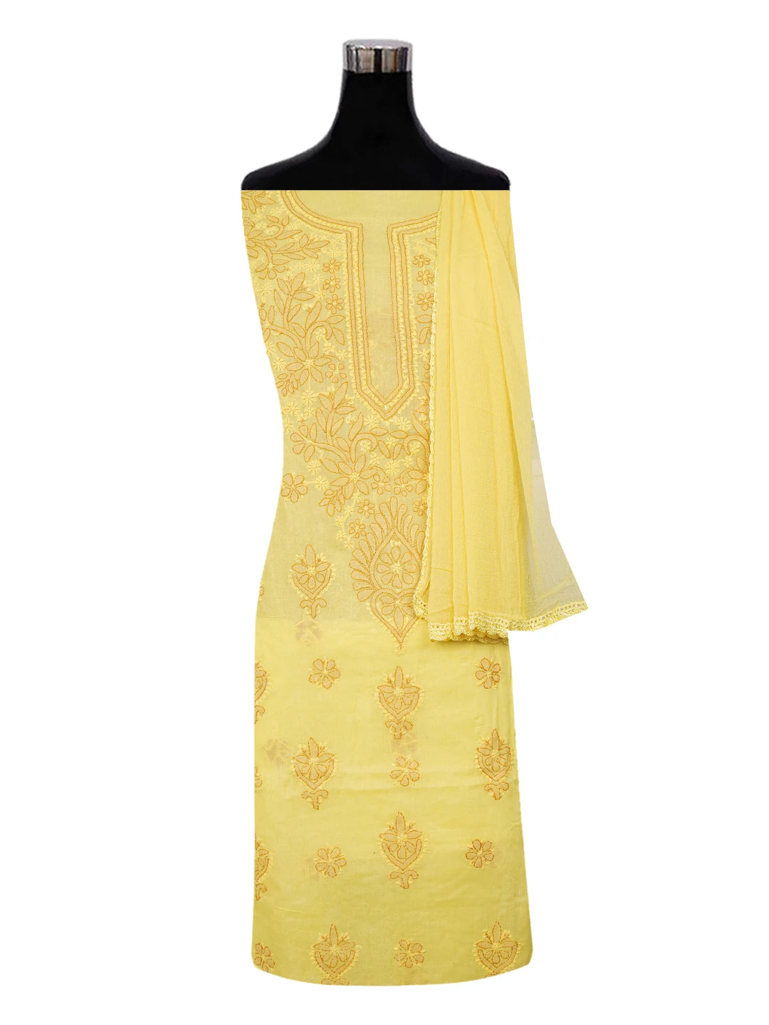 Ada Hand Embroidered Yellow Cotton Lucknowi Chikankari Unstitched Suit Piece A211336