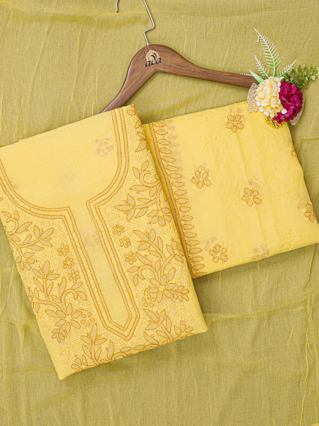 Ada Hand Embroidered Yellow Cotton Lucknowi Chikankari Unstitched Suit Piece A211336