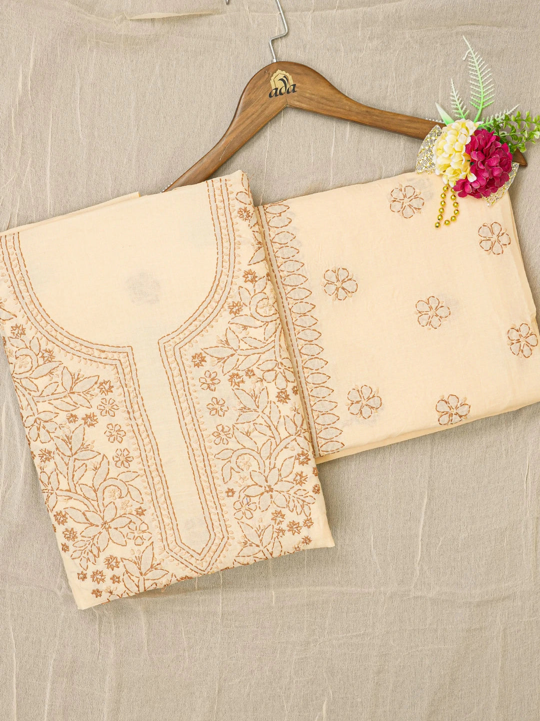 Ada Hand Embroidered Peach Cotton Lucknowi Chikankari Unstitched Suit Piece A211338