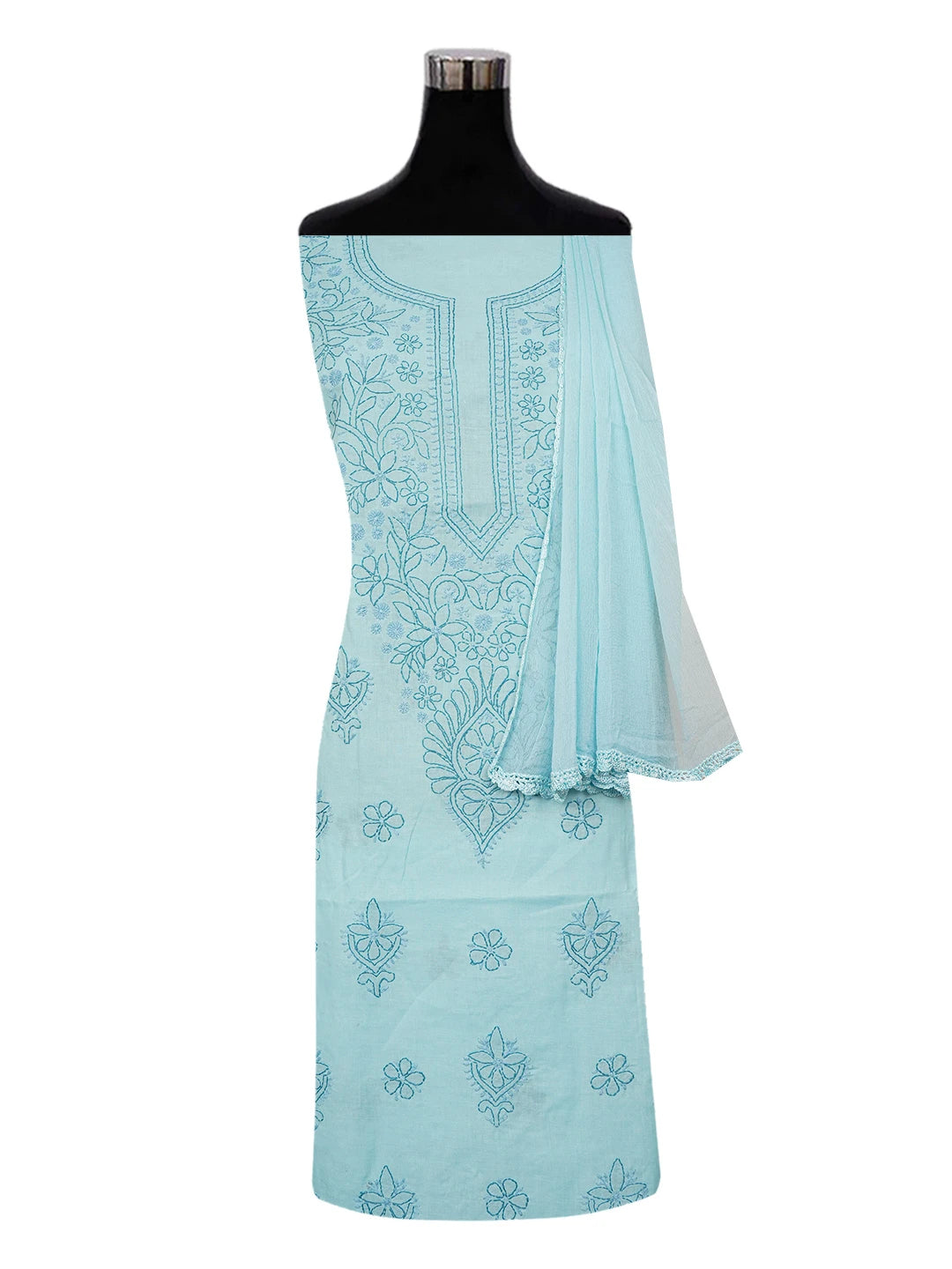 Ada Hand Embroidered Blue Cotton Lucknowi Chikankari Unstitched Suit Piece A211335