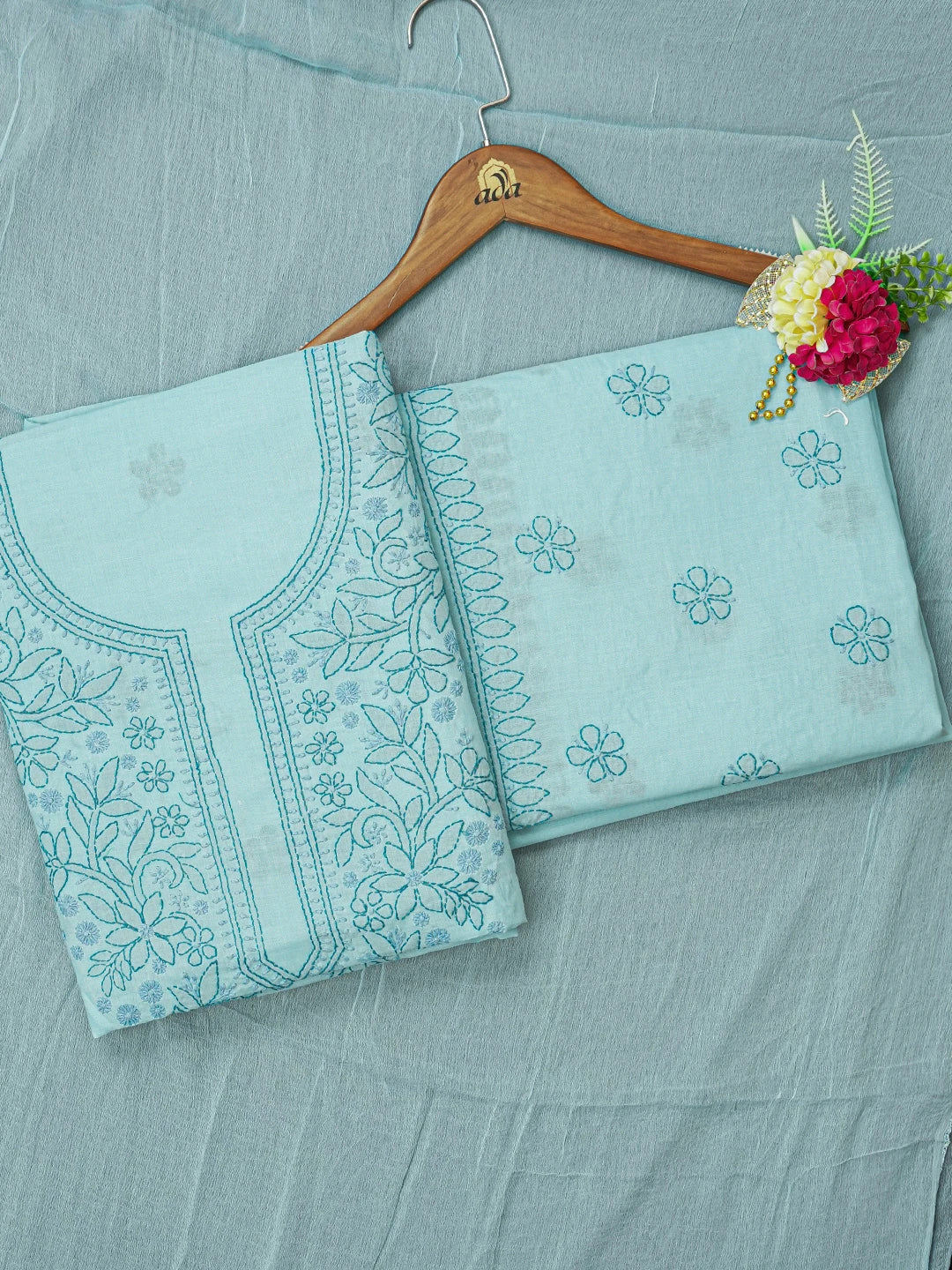 Ada Hand Embroidered Blue Cotton Lucknowi Chikankari Unstitched Suit Piece A211335