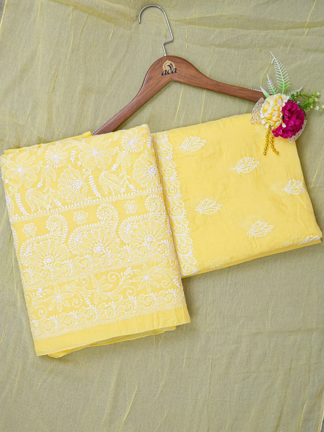 Ada Hand Embroidered Yellow Cotton Lucknowi Chikankari Unstitched Suit Piece A211349