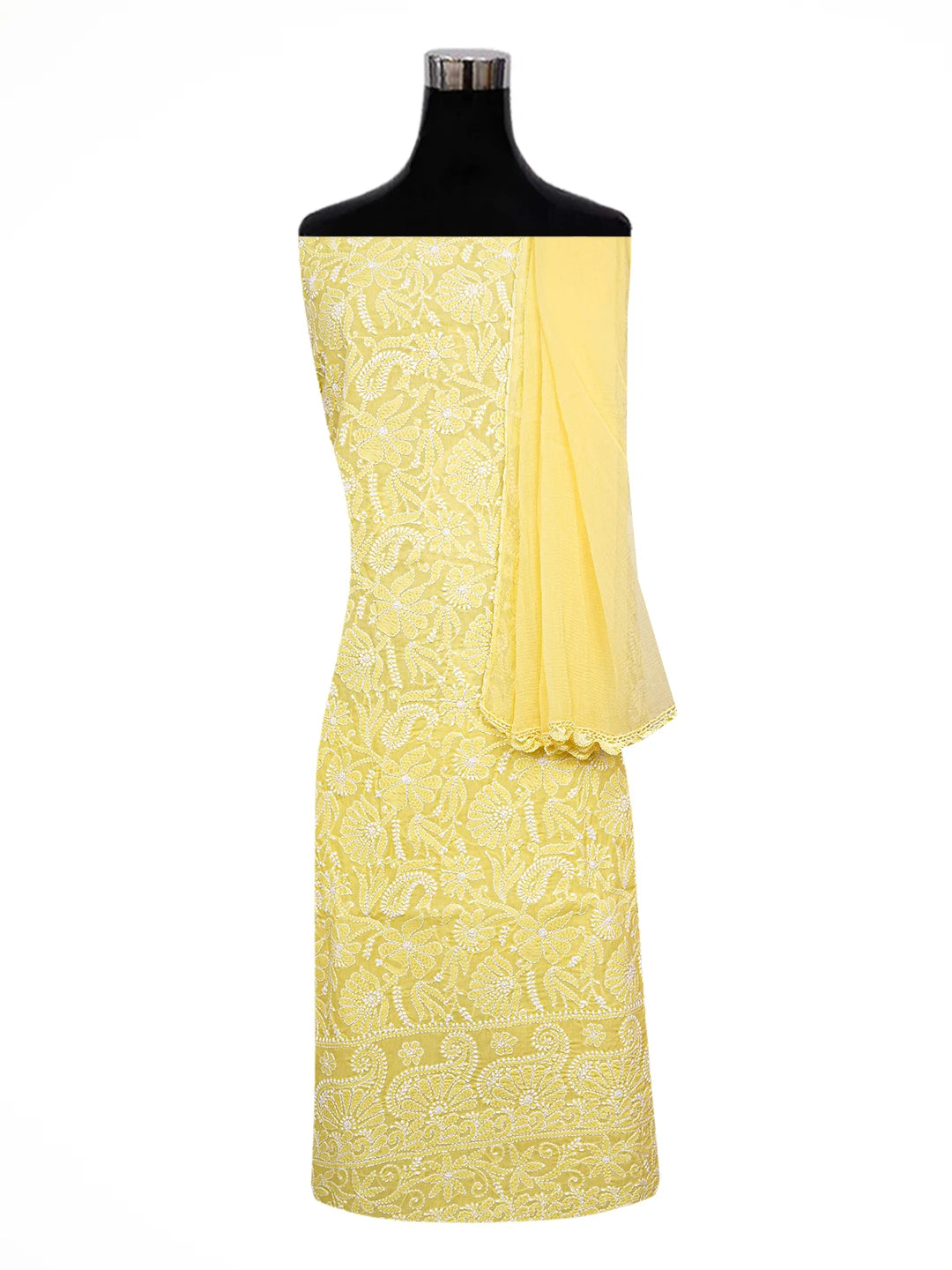 Ada Hand Embroidered Yellow Cotton Lucknowi Chikankari Unstitched Suit Piece A211349
