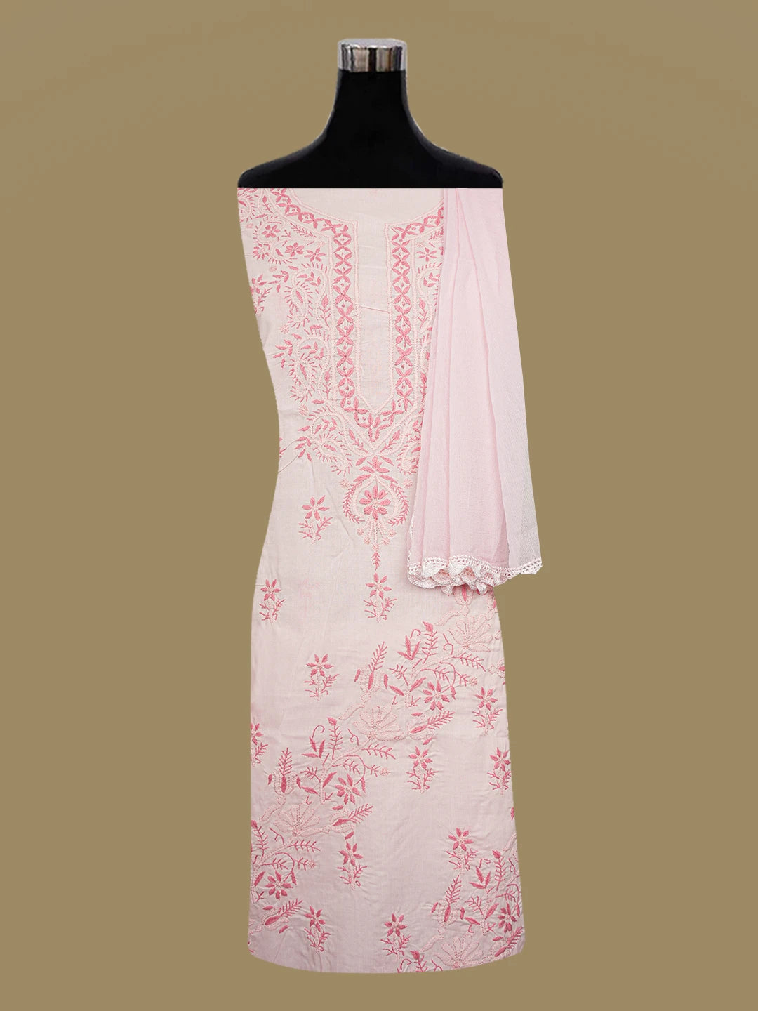 Ada Hand Embroidered Pink Cotton Lucknowi Chikankari Unstitched Suit Piece A211342