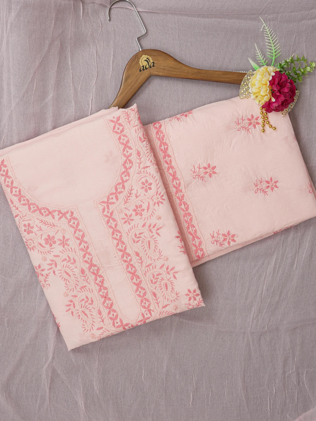 Ada Hand Embroidered Pink Cotton Lucknowi Chikankari Unstitched Suit Piece A211342