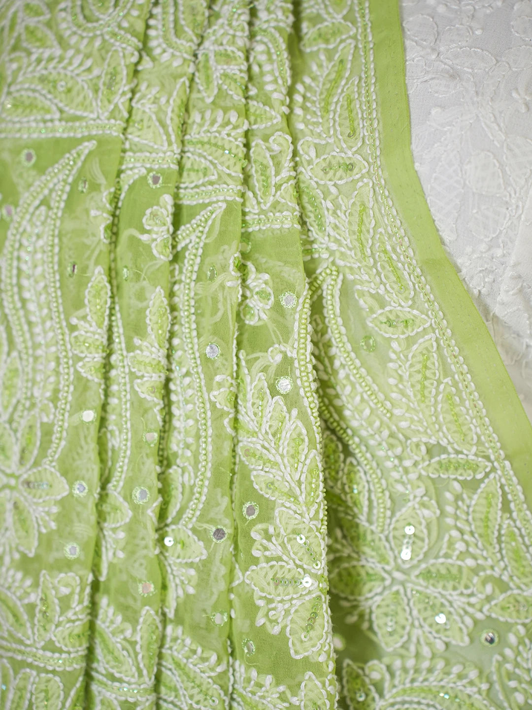Ada Hand Embroidered Green Georgette Lucknowi Chikankari Saree/Blouse With Cutdana Work 01A580252