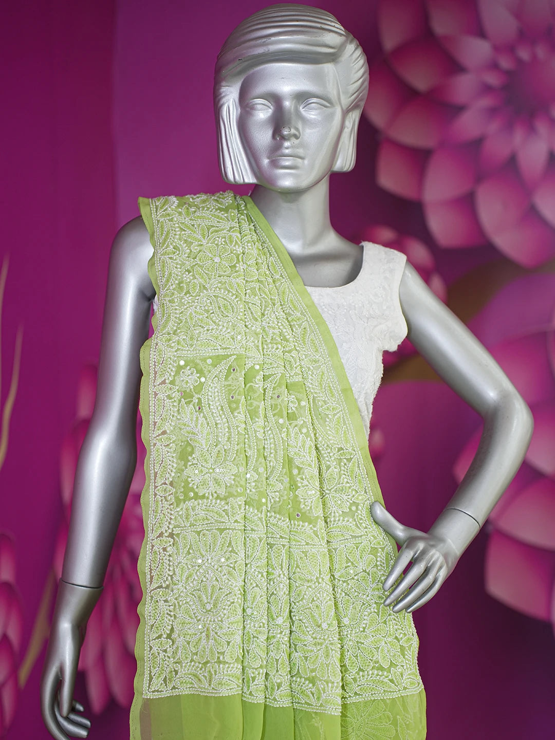 Ada Hand Embroidered Green Georgette Lucknowi Chikankari Saree/Blouse With Cutdana Work 01A580252