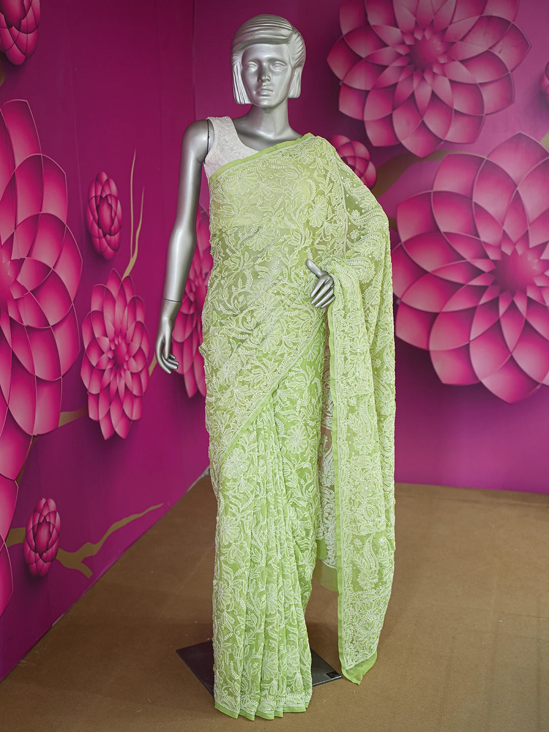 Ada Hand Embroidered Green Georgette Lucknowi Chikankari Saree/Blouse With Cutdana Work 01A580252