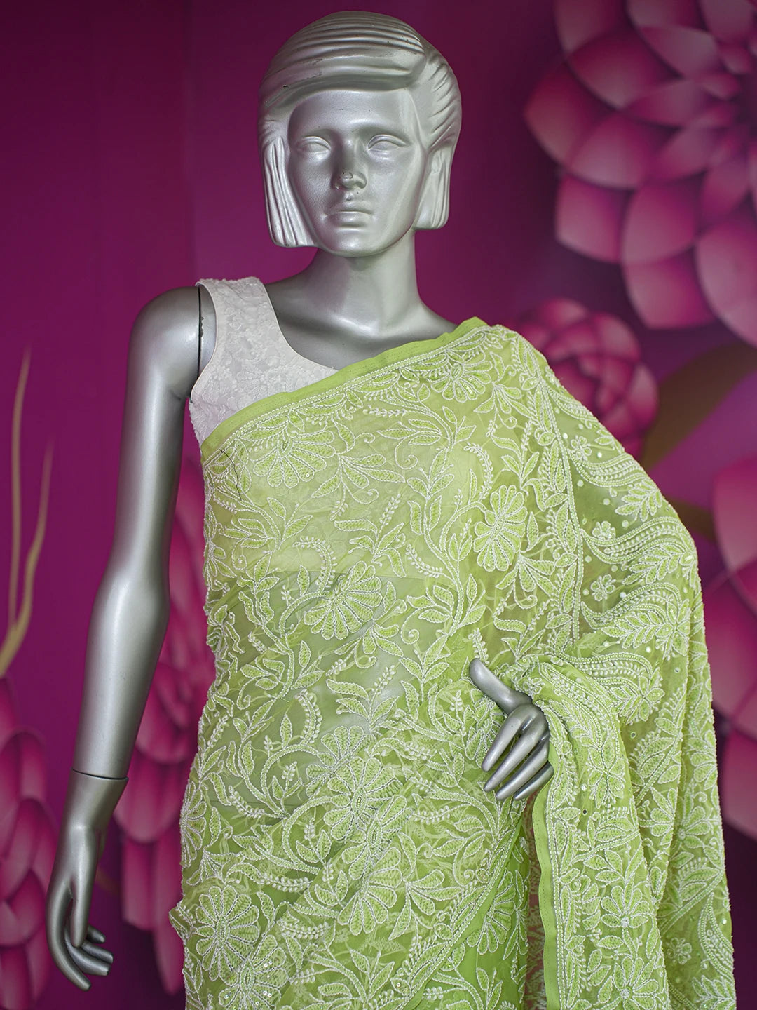 Ada Hand Embroidered Green Georgette Lucknowi Chikankari Saree/Blouse With Cutdana Work 01A580252