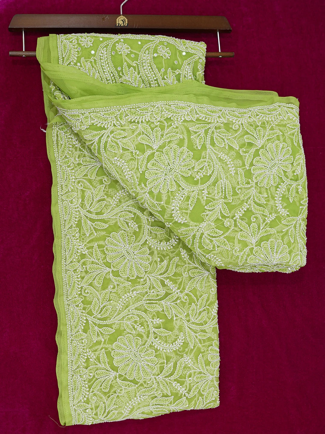 Ada Hand Embroidered Green Georgette Lucknowi Chikankari Saree/Blouse With Cutdana Work 01A580252