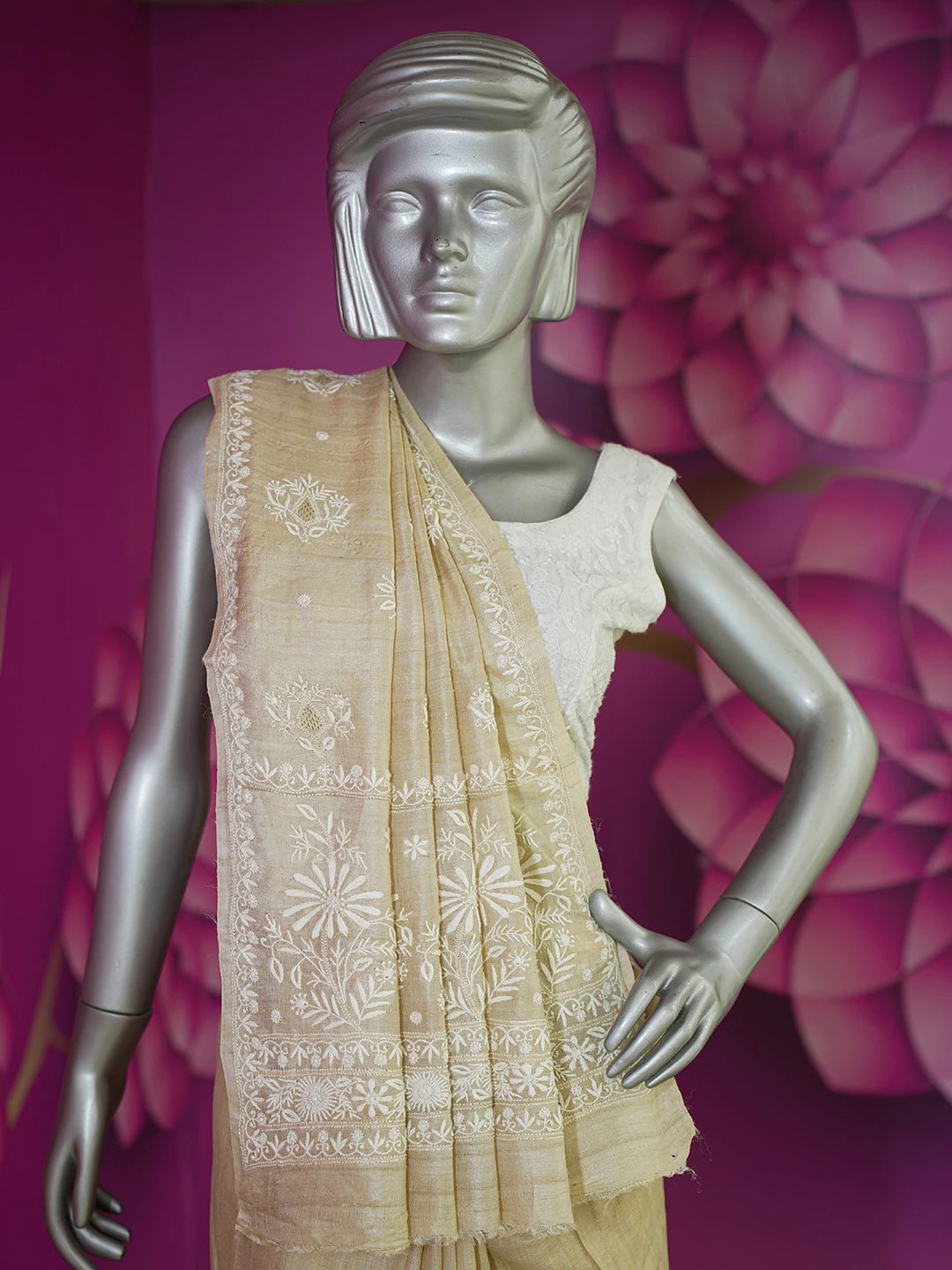 Ada Hand Embroidered Fawn Silk Lucknowi Chikankari Saree and Blouse 01A626862