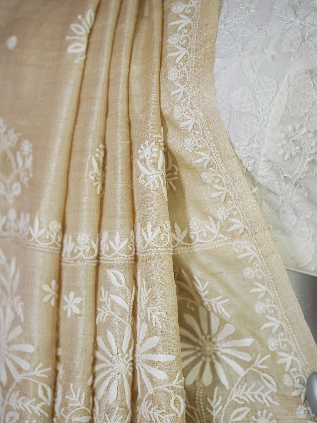 Ada Hand Embroidered Fawn Silk Lucknowi Chikankari Saree and Blouse 01A626862