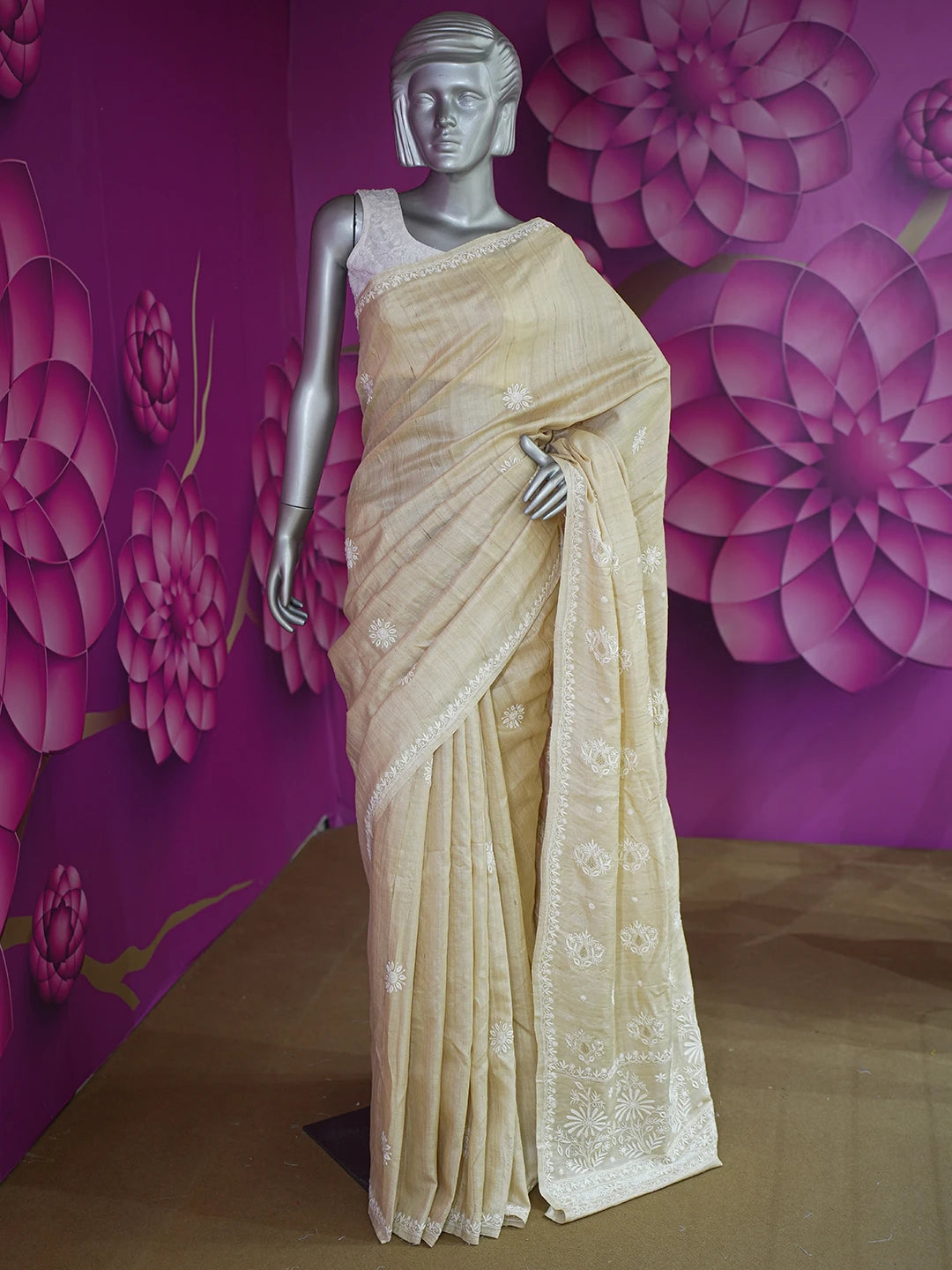 Ada Hand Embroidered Fawn Silk Lucknowi Chikankari Saree and Blouse 01A626862