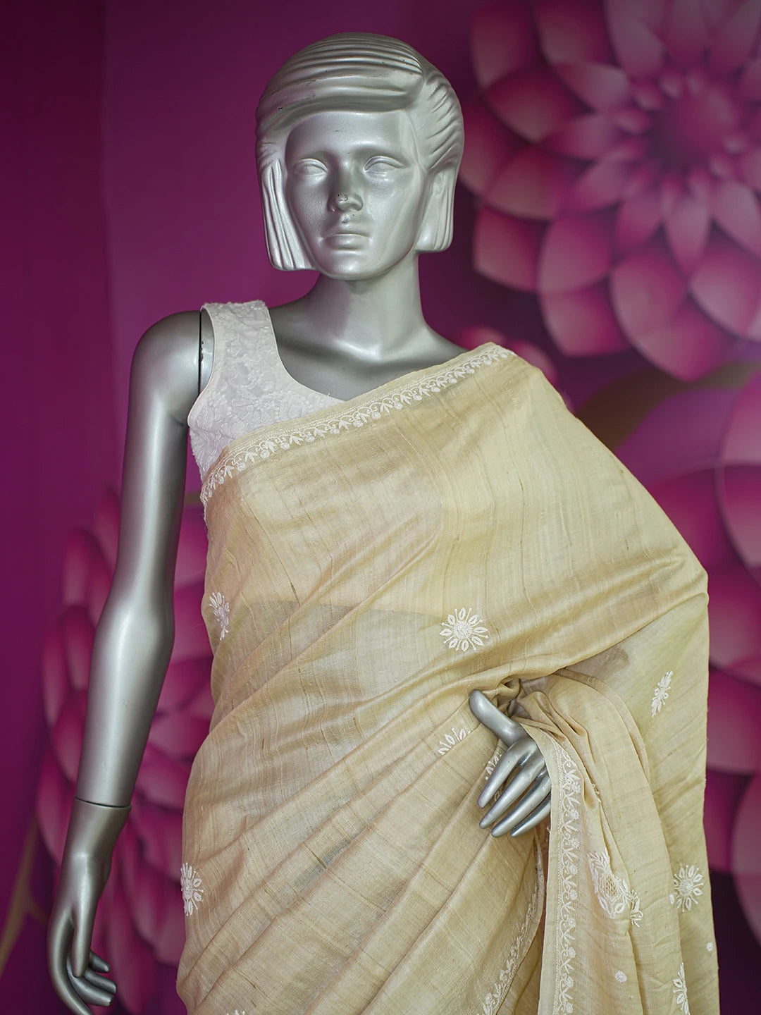Ada Hand Embroidered Fawn Silk Lucknowi Chikankari Saree and Blouse 01A626862