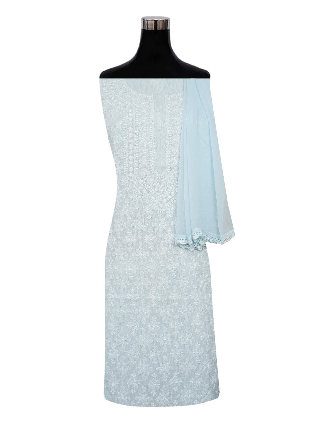 Ada Hand Embroidered Columbia Blue Linen Lucknowi Chikankari Unstitched Suit Piece 01A634911