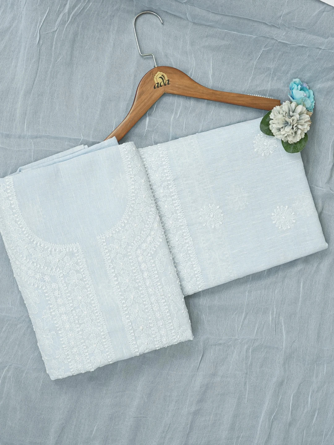 Ada Hand Embroidered Columbia Blue Linen Lucknowi Chikankari Unstitched Suit Piece 01A634911
