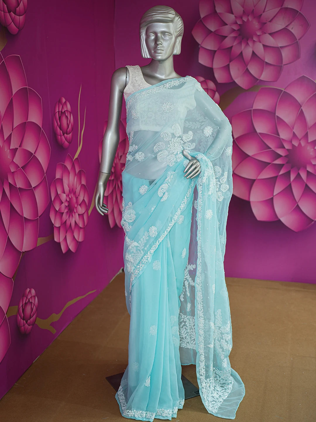 Ada Hand Embroidered Light Sky Blue Georgette Lucknowi Chikankari Saree/Blouse With Cutdana Work 01A572675
