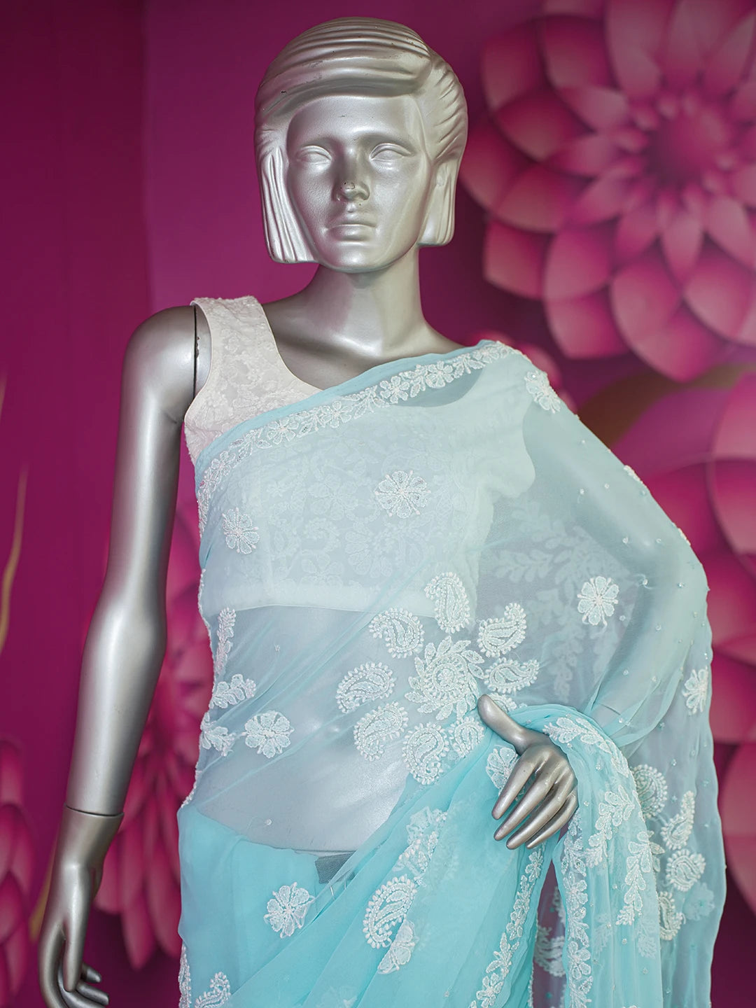 Ada Hand Embroidered Light Sky Blue Georgette Lucknowi Chikankari Saree/Blouse With Cutdana Work 01A572675