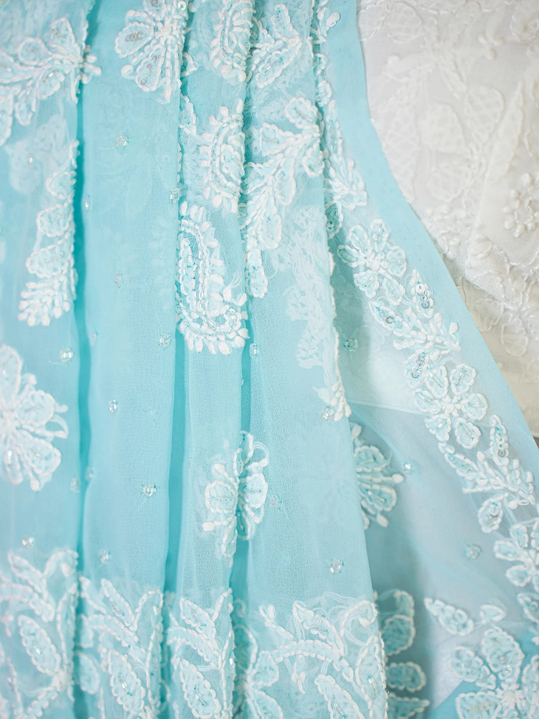 Ada Hand Embroidered Light Sky Blue Georgette Lucknowi Chikankari Saree/Blouse With Cutdana Work 01A572675