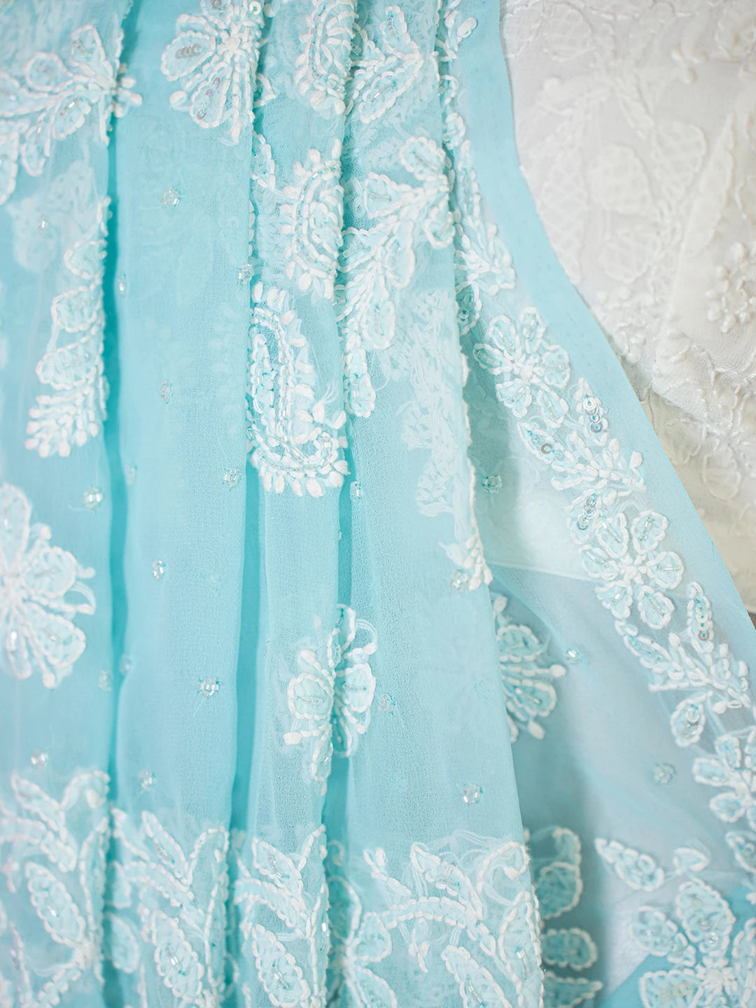 Ada Hand Embroidered Light Sky Blue Georgette Lucknowi Chikankari Saree/Blouse With Cutdana Work 01A572675