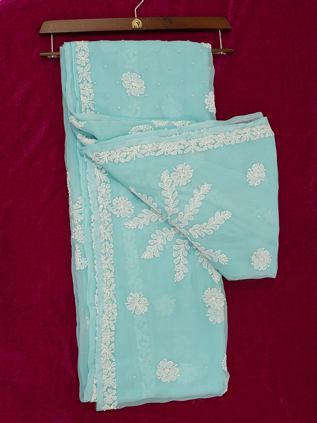 Ada Hand Embroidered Light Sky Blue Georgette Lucknowi Chikankari Saree/Blouse With Cutdana Work 01A572675