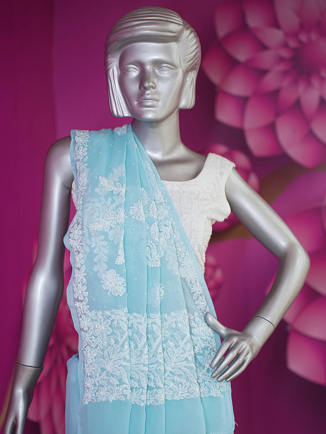 Ada Hand Embroidered Light Sky Blue Georgette Lucknowi Chikankari Saree/Blouse With Cutdana Work 01A572675
