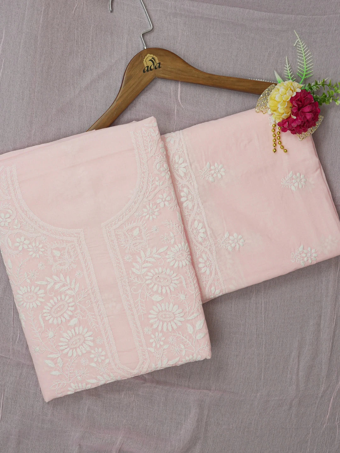 Ada Hand Embroidered Light Pink Cotton Lucknowi Chikankari Unstitched Suit Piece A211347